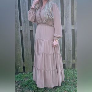Pretty tan full length dress w/ crochet and ruffle details.